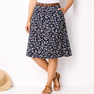 Talbots 1X Navy Floral A-Line Skirt Boho Coastal Grandma Modest Office Knit Soft
